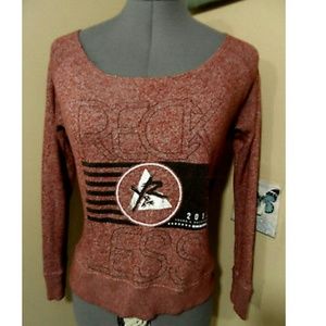 YOUNG & RECKLESS Wide neck Sweatshirt XS Rusty Red pullover Skater surf wear